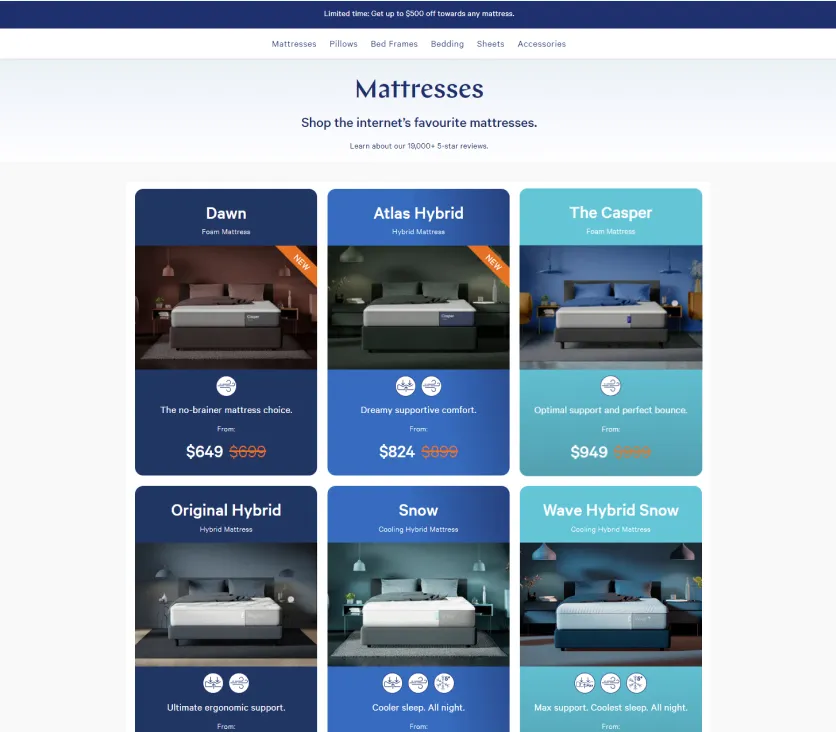 Casper old mattress page before redesign